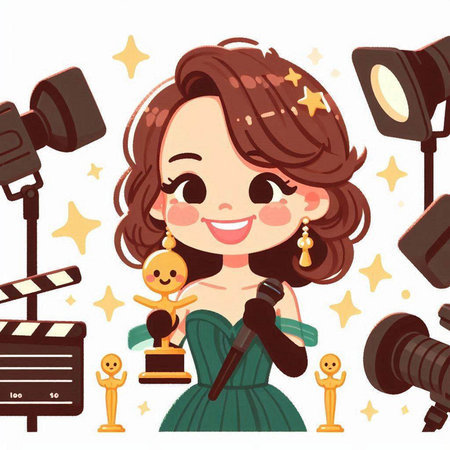 Illustration of a Cute Girl Wearing a Green Dress Holding a Microphoneのイラスト素材