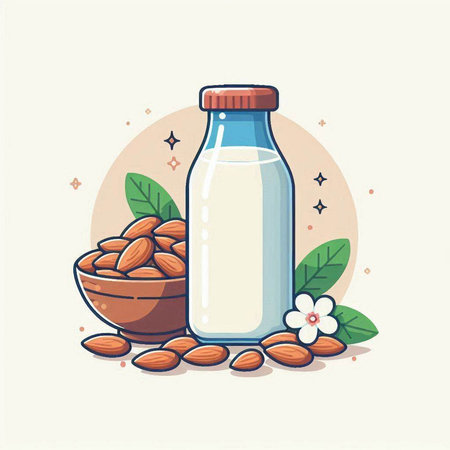 Almond milk in a glass bottle with nuts and flowers. Vector illustration.のイラスト素材