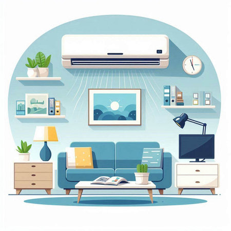Air conditioner in living room. Flat style. Vector illustration.のイラスト素材