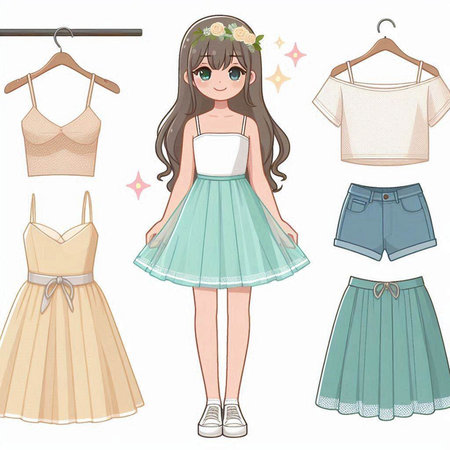Set of cute cartoon girl with different fashion clothes. Vector illustration.のイラスト素材