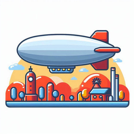 Airship and city. Vector illustration of an airship in the sky.のイラスト素材