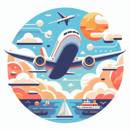 Airplane on the background of the planet. Vector illustration in flat styleのイラスト素材