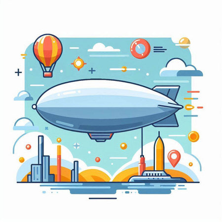 Airship flat color vector illustration. Cartoon style airship on the background of the city.のイラスト素材