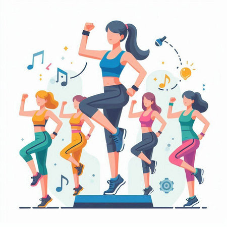 Group of people engaged in fitness. Vector illustration in flat style.のイラスト素材