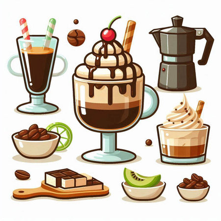 Coffee and sweets icons set. Vector illustration in cartoon styleのイラスト素材
