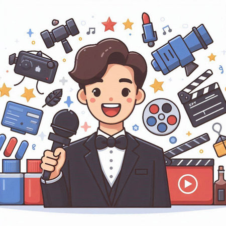 Cartoon vector illustration of a man in a business suit holding a microphone in front of a movie set.のイラスト素材