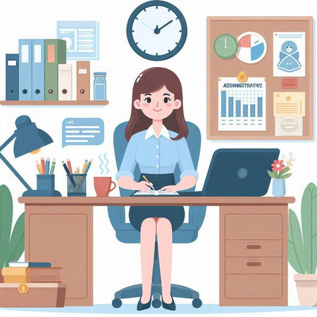Business woman sitting at her desk in office. Vector illustration in cartoon style.のイラスト素材