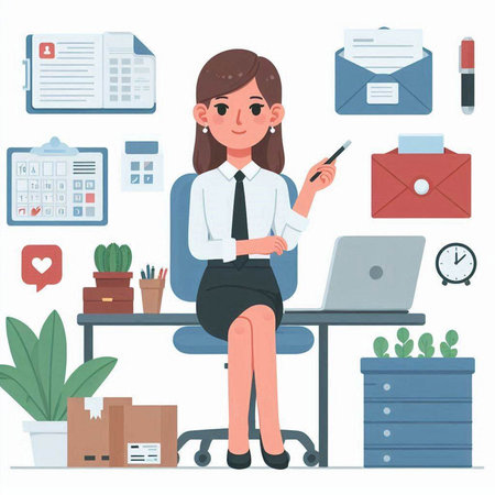 Businesswoman working in office. Vector illustration in flat cartoon style.のイラスト素材