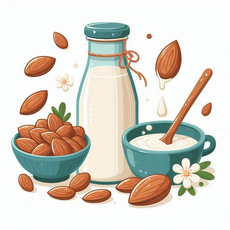 Almond milk in a glass bottle and bowl with almonds. Vector illustration.のイラスト素材