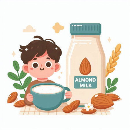 Almond milk in a bottle and a girl with nuts. Vector illustration.のイラスト素材