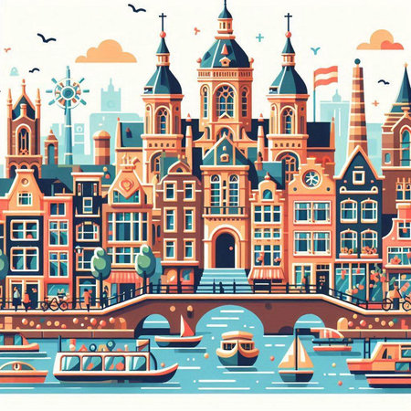 Amsterdam cityscape. Hand drawn vector illustration in cartoon style.のイラスト素材