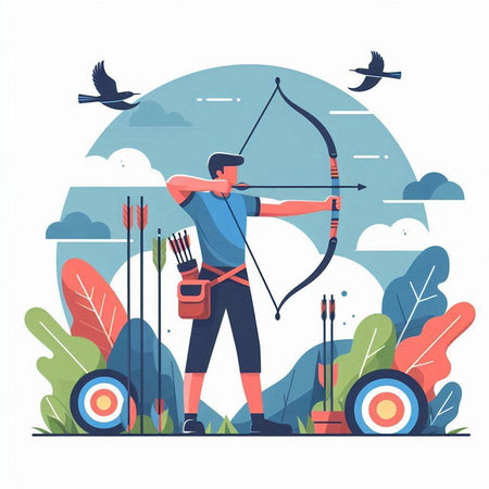 Archery sport vector illustration. Cartoon man with bow and arrow shooting at target.のイラスト素材
