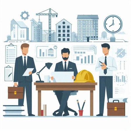 Architect and engineer working on construction project. Vector illustration in flat styleのイラスト素材