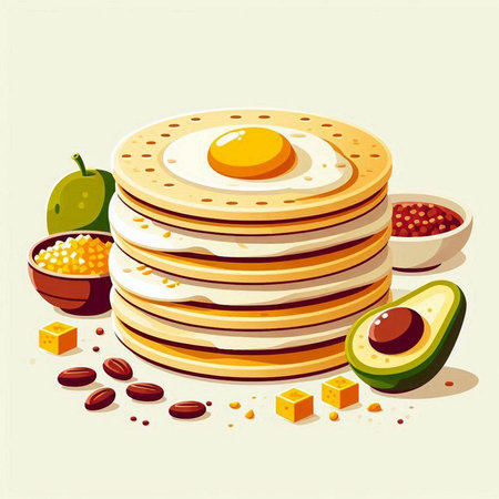 Illustration of a stack of pancakes with fried egg, avocado, coffee beans and sugar cubes.のイラスト素材