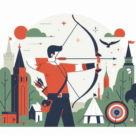 Archery man with bow and arrow. Vector illustration in flat styleのイラスト素材