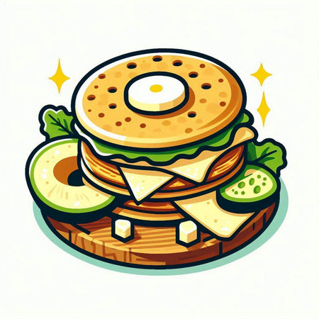 Vector illustration of a hamburger with cheese, cucumber and lettuceのイラスト素材