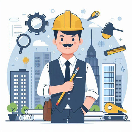 Architect in yellow helmet with a pencil in his hands. Vector illustrationのイラスト素材