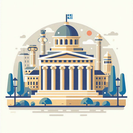 Vector illustration of a flat design of the building of the Academy of Athens.のイラスト素材