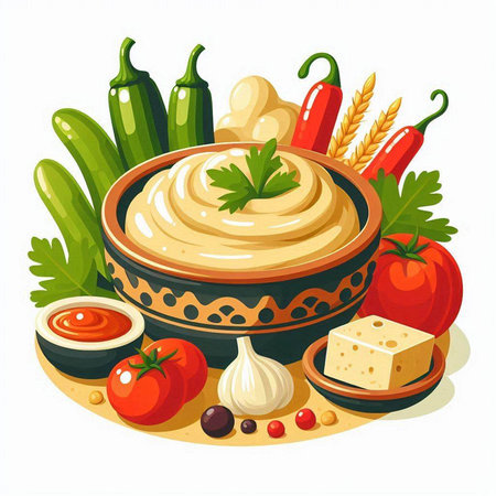 Vector illustration of a bowl with hummus and ingredients for cooking.のイラスト素材