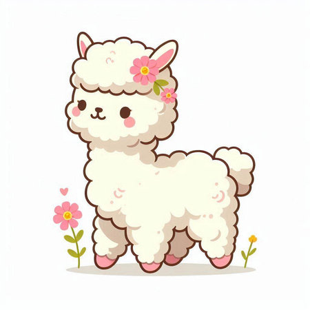 Cute cartoon alpaca with flowers on a white background.のイラスト素材