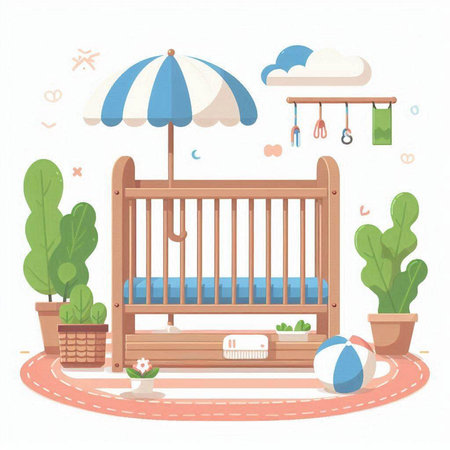 Baby cot with umbrella and toys. Flat style vector illustration.のイラスト素材