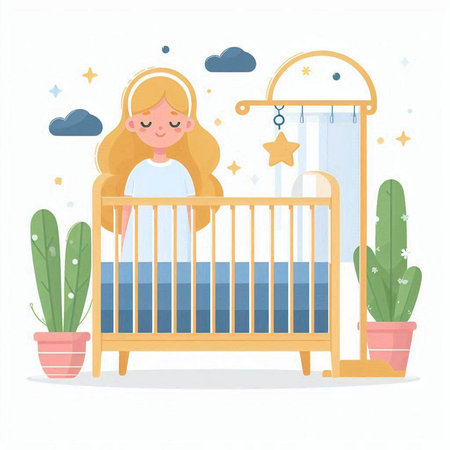 Cute girl in the crib. Vector illustration in a flat style.のイラスト素材