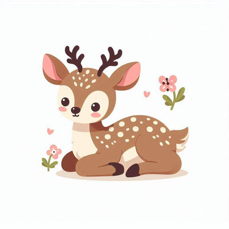 Cute cartoon deer with flowers on white background. Vector illustration.のイラスト素材