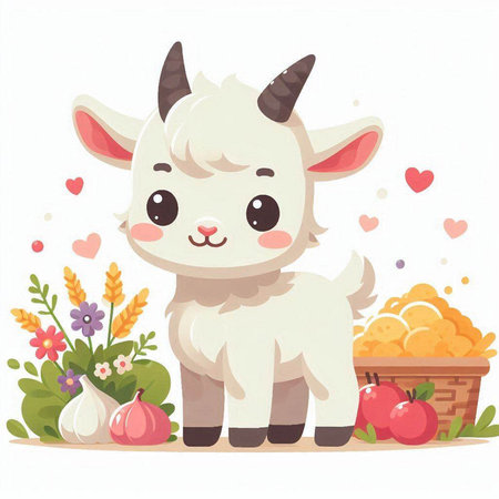 Cute baby goat with basket of vegetables. Vector cartoon illustration.のイラスト素材