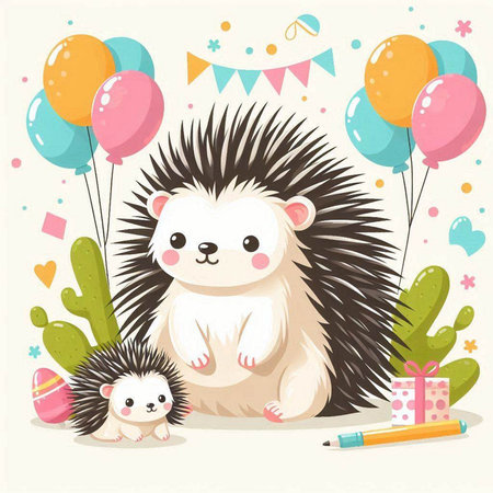 Cute cartoon hedgehog with gifts and balloons. Vector illustration.のイラスト素材
