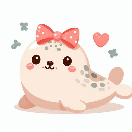 Cute baby seal with pink bow and hearts. Vector illustration.のイラスト素材
