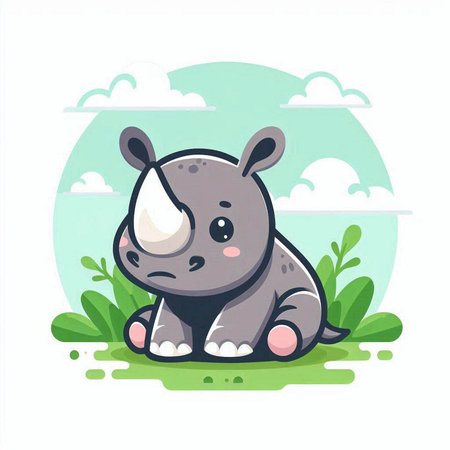 Cute rhinoceros sitting on the grass. Vector illustration.のイラスト素材