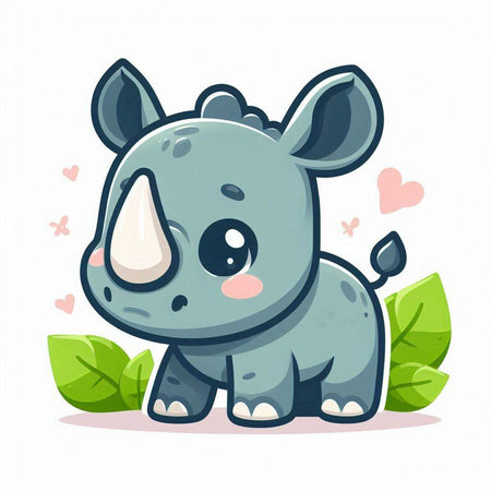 Cute cartoon rhinoceros with green leaves, vector illustrationのイラスト素材