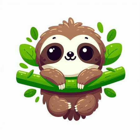 Cute cartoon sloth with green leaves on white background. Vector illustration.のイラスト素材