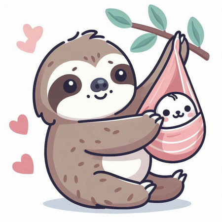 Cute sloth with a baby in a sling. Vector illustration.のイラスト素材