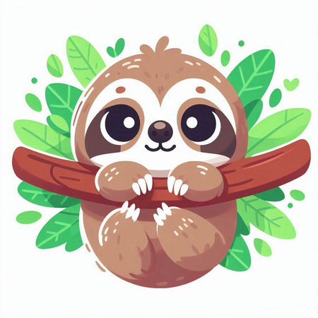Cute cartoon sloth on a branch with leaves. Vector illustration.のイラスト素材
