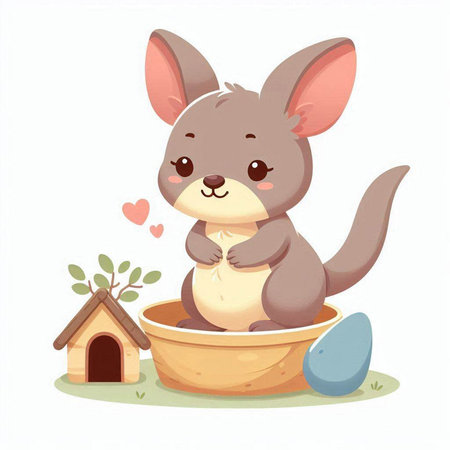 Cute kangaroo sitting in a bowl with a house and a treeのイラスト素材