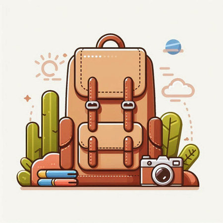 Vector illustration of backpack with camera, books and cactus in flat styleのイラスト素材