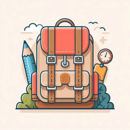 Backpack with stationery. Vector illustration in flat cartoon style.のイラスト素材