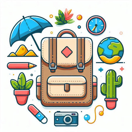 Travel and tourism concept. Vector line art illustration of backpack, umbrella, camera, cactus and other elements.のイラスト素材