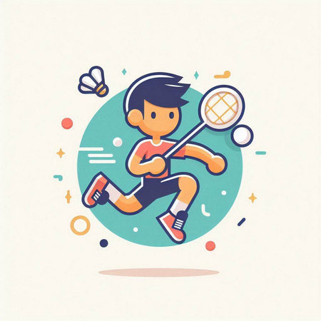 Badminton player running with racket and shuttlecock. Vector illustration.のイラスト素材