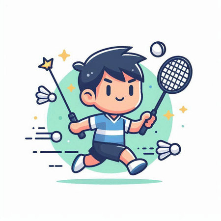 Cartoon badminton player with racket and ball. Vector illustrationのイラスト素材
