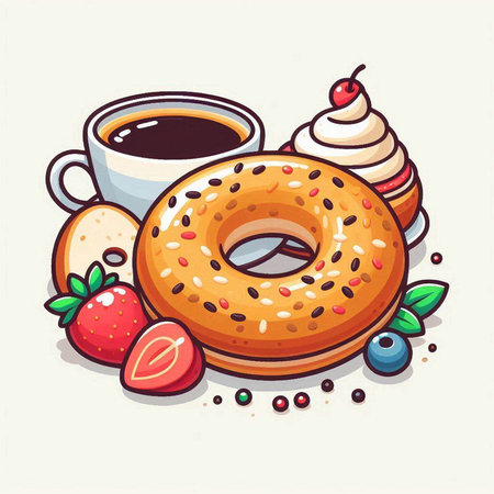 Vector illustration of a donut, cup of coffee and berries.のイラスト素材