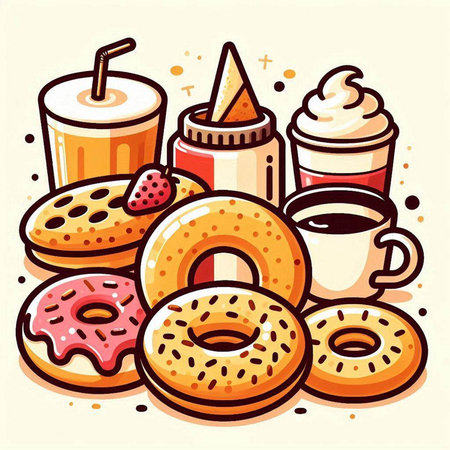 Vector illustration of donuts, coffee, ice cream and desserts.のイラスト素材