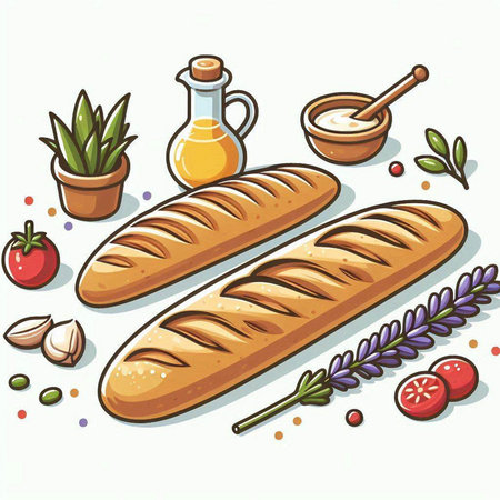 Baguette with olive oil, tomato and herbs. Vector illustration.のイラスト素材
