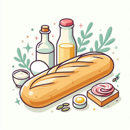 Baguette and ingredients. Vector illustration in flat cartoon style.のイラスト素材