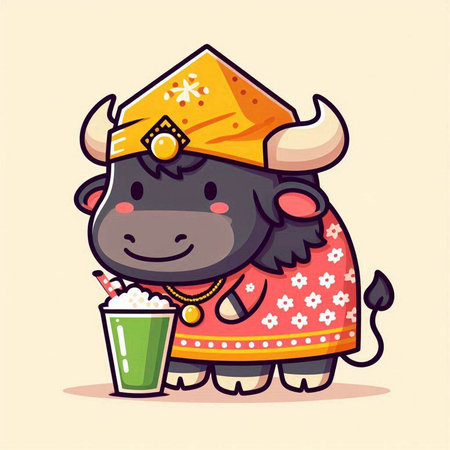 Cute bull in national costume with a glass of milk and ice creamのイラスト素材
