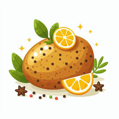 Fruit cake with orange, cinnamon and anise. Vector illustrationのイラスト素材