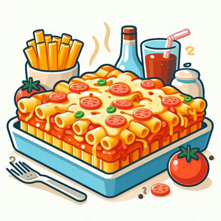 Illustration of a portion of lasagna with tomato sauce and french friesのイラスト素材