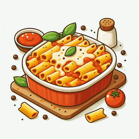 Illustration of a bowl of macaroni with tomato sauce, cheese and basilのイラスト素材
