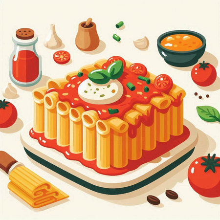 Pasta with tomato sauce and mozzarella. Vector illustration.のイラスト素材
